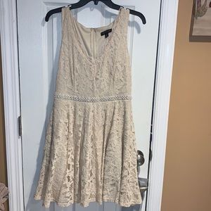 Off White Beige Lace Dress with Bling and Pearl Accents